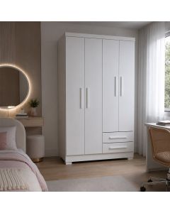 Guarda Roupa Multiuso Paris 4 Portas 2 Gavetas com Corrediças Telescópicas Casal ou Solteiro Branco