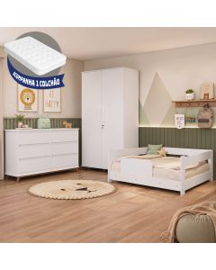 Conjunto Quarto Infantil Cama Baby com Colchão + Roupeiro Ouro + Cômoda Londres 6 Gavetas - Branco