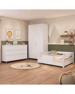 Kit Quarto Infantil Cama Montessoriana Baby + Roupeiro Ouro + Cômoda Londres 6 Gavetas - Branco