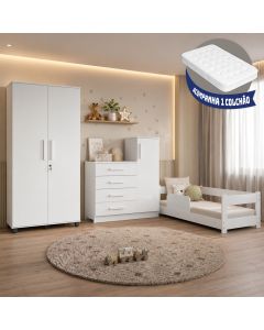 Conjunto Quarto Infantil Cama Baby com Colchão e Grade + Roupeiro Ouro + Cômoda Versátil - Branco