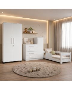 Kit Quarto Infantil Cama Montessoriana Baby com Grade + Roupeiro Ouro + Cômoda Versátil - Branco