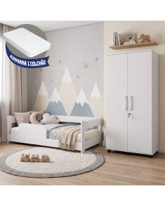 Kit Quarto Infantil Cama Montessoriana Baby com Colchão + Roupeiro Infantil Ouro com Chave - Branco