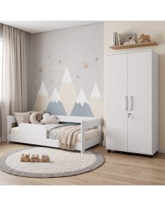Kit Quarto Infantil Cama Montessoriana Baby com Grade + Roupeiro Infantil Ouro com Chave - Branco