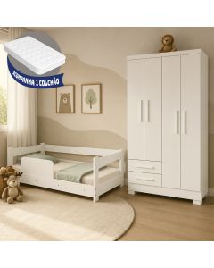 Conjunto Quarto Infantil Cama Montessoriana Baby com Colchão + Guarda-roupa Paris 4 Portas - Branco