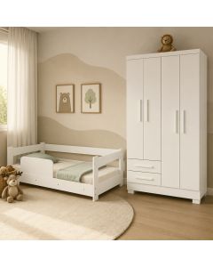 Conjunto Quarto Infantil Cama Montessoriana Baby com Grade + Guarda-roupa Paris 4 Portas - Branco