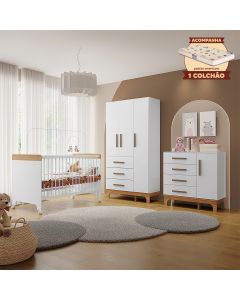 Kit Quarto Infantil Completo Guarda-roupas Cômoda e Berço Doçura com Colchão Branco/savana