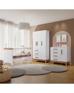 Kit Quarto Infantil Completo Guarda-roupas Cômoda e Berço Doçura Branco/savana