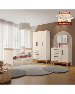 Kit Quarto Infantil Completo Guarda-roupas Cômoda e Berço Doçura com Colchão Off-white/savana