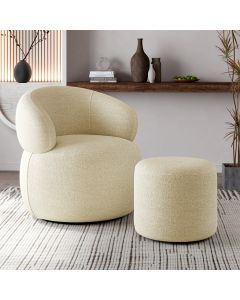 Kit poltrona Orgânica giratória eloah + puff ello bouclé italiano decoração sala luxo - bege
