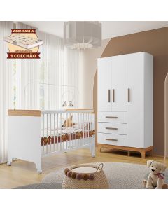 Kit Quarto Infantil Guarda-roupas e Berço Doçura com Colchão Branco/savana