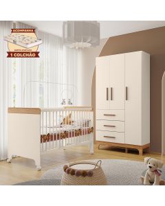 Kit Quarto Infantil Guarda-roupas e Berço Doçura com Colchão Off-white/savana