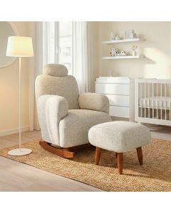 Poltrona Amamentação de Balanço com Puff Aurora Conforto Extra e Design Atual Chenille Bege Fendi