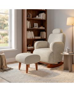 Poltrona de Amamentação Aurora com Puff Balanço Madeira Maciça Tecido Chenille Francês Bege Fendi