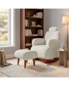 Poltrona de Balanço Orgânica Super Premium Aurora com Puff Tecido Chenille Off-white