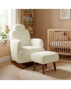 Poltrona Amamentação Super Confortável com Balanço Pés em Madeira Maciça com Puff Descanço Off White