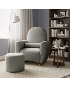 Poltrona Orgânica de Balanço Amamentação Design Curvo Lara com Puff Tecido Chenille Francês Cinza